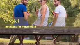  Presentation with nature river - PPT theme featuring group of young men enjoying watermelon while sitting on the wooden bridge over the river in beautiful nature background and a tawny brown colored foreground
