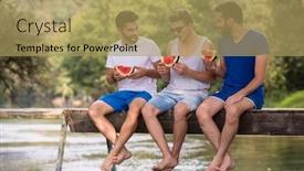  Presentation with nature river - Slide deck enhanced with group of young men enjoying watermelon while sitting on the wooden bridge over the river in beautiful nature background and a yellow colored foreground