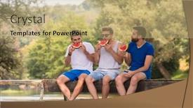  Presentation with nature river - Presentation with group of young men enjoying watermelon while sitting on the wooden bridge over the river in beautiful nature background and a coral colored foreground