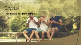  Presentation with nature river - PPT theme consisting of group of young men enjoying watermelon while sitting on the wooden bridge over the river in beautiful nature background and a yellow colored foreground