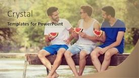  Presentation with nature river - Audience pleasing theme consisting of group of young men enjoying watermelon while sitting on the wooden bridge over the river in beautiful nature backdrop and a yellow colored foreground
