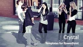  Presentation with cell phones - PPT theme enhanced with group of young men and women calling on the cell phones background and a gray colored foreground
