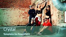  Presentation with young generation - Cool new presentation theme with group of young modern people posing together with fun urban lifestyle hip-hop generation backdrop and a ocean colored foreground