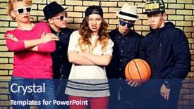  Presentation with young generation - Audience pleasing presentation theme consisting of group of young modern people posing together with fun urban lifestyle hip-hop generation backdrop and a ocean colored foreground