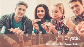  Presentation with ethnic group - Slide set enhanced with dinner party - group of young multi-ethnic friends background and a coral colored foreground