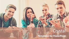  Presentation with ethnic group - Audience pleasing slide set consisting of group of young multi-ethnic friends with pizza and bottles of drink celebrating in home interior backdrop and a coral colored foreground
