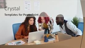  Presentation with coworkers - Presentation theme having group-of-young-multicultural-coworkers background and a light gray colored foreground