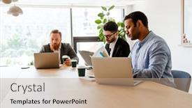  Presentation with working together - Presentation theme consisting of group-of-young-multiethnic-businesspeople background and a coral colored foreground