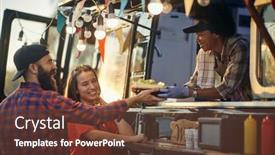  Presentation with food service - Colorful presentation design enhanced with group-of-young-multiethnic-people backdrop and a tawny brown colored foreground