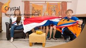  Presentation with soccer fans - Presentation design consisting of group of young multiethnic soccer fans cheering while watching match at home background and a coral colored foreground