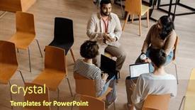  Presentation with group discussion - Presentation design enhanced with group-of-young-multinational-students background and a tawny brown colored foreground