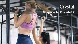  Presentation with athletes - PPT layouts with group of young muscular athletes doing pull ups on the horizontal bar as part of cross fitness training background and a dark gray colored foreground