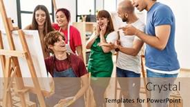  Presentation with paint art - Presentation theme featuring group-of-young-paint-students background and a coral colored foreground