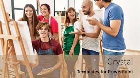  Presentation with paint art - Presentation design enhanced with group-of-young-paint-students background and a coral colored foreground