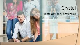  Presentation with railing - Beautiful slides featuring group of young peopl standing on fence railing indoors and talking backdrop and a lemonade colored foreground