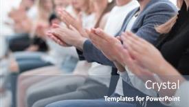  Presentation with conference - Audience pleasing PPT theme consisting of group-of-young-people-applauding backdrop and a ocean colored foreground