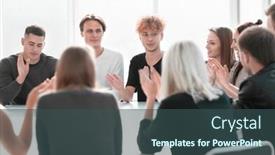  Presentation with round table - Audience pleasing PPT theme consisting of group-of-young-people-applauding backdrop and a ocean colored foreground