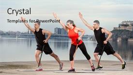  Presentation with resistance - Colorful presentation design enhanced with group of young people doing exercise with resistance rubber backdrop and a light gray colored foreground