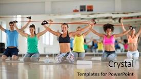  Presentation with rubber - Colorful slides enhanced with group of young people doing exercise with resistant rubber in gym backdrop and a coral colored foreground