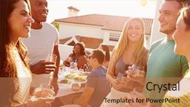  Presentation with people enjoying - PPT theme with group of young people enjoying background and a coral colored foreground