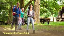  Presentation with hiking - Presentation design enhanced with group-of-young-people-hiking background and a tawny brown colored foreground