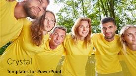  Presentation with team people hugging - PPT theme having group-of-young-people-hugging background and a gold colored foreground