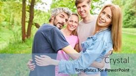  Presentation with team people hugging - Presentation theme featuring group-of-young-people-hugging background and a light blue colored foreground