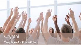  Presentation with teambuilding - Audience pleasing slide deck consisting of group-of-young-people-performing backdrop and a coral colored foreground