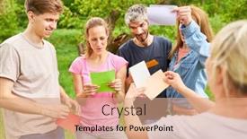  Presentation with team building - Presentation theme consisting of group-of-young-people-playing background and a coral colored foreground