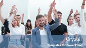  Presentation with people - Slide set enhanced with group-of-young-people-raising background and a teal colored foreground