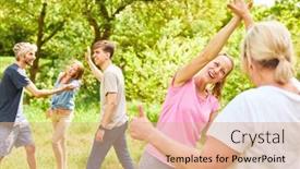  Presentation with building team - Presentation consisting of group-of-young-people-rejoices background and a coral colored foreground