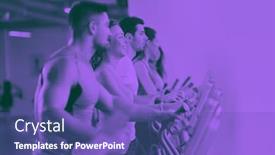 Presentation with duo - Presentation with group of young people running on treadmills in modern sport gym duo tone background and a violet colored foreground