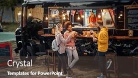 Presentation with food truck - Colorful slide deck enhanced with group-of-young-people-socializing backdrop and a tawny brown colored foreground