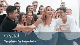  Presentation with supporting - Theme featuring group-of-young-people-supporting background and a ocean colored foreground