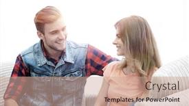  Presentation with people talking - Slide deck consisting of group of young people talking sitting on the couch background and a coral colored foreground