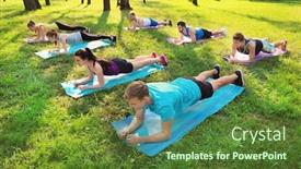  Presentation with group training - PPT layouts with group of young people training in park background and a tawny brown colored foreground