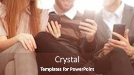  Presentation with group - Beautiful slide deck featuring group of young people use their phones backdrop and a tawny brown colored foreground