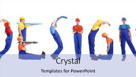  Presentation with different - Audience pleasing presentation theme consisting of group of young people wearing different color uniforms and hard hats forming design word - isolated on white background backdrop and a light blue colored foreground