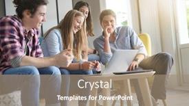  Presentation with young man holdng laptop on lap money - Slide deck consisting of group-of-young-people-working background and a coral colored foreground