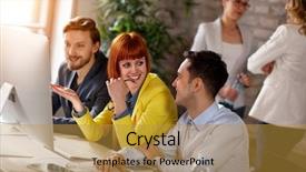  Presentation with multicultural people together - Colorful PPT theme enhanced with group of young people working backdrop and a gold colored foreground