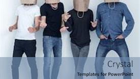  Presentation with heads - Presentation theme with group of young people with paper bags on their heads background and a teal colored foreground