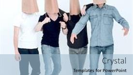  Presentation with heads - PPT layouts enhanced with group of young people with paper bags on their heads background and a light blue colored foreground