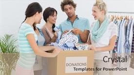  Presentation with donation - Cool new slide deck with group of young people with clothes donation backdrop and a coral colored foreground