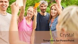  Presentation with building team - Presentation design with group-of-young-people background and a coral colored foreground