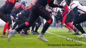  Presentation with football players field - Slide set having group of young professional american football players in action during training match on the stadium field background and a gold colored foreground