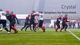  Presentation with football players field - Colorful presentation theme enhanced with group of young professional american football players in action during training match on the stadium field backdrop and a light blue colored foreground