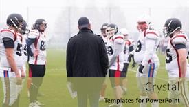  Presentation with football players field - Cool new PPT theme with group of young professional american football players with coach discussing strategy together during training match on the stadium field backdrop and a mint green colored foreground