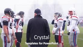  Presentation with football players field - Slide set enhanced with group of young professional american football players with coach discussing strategy together during training match on the stadium field background and a wine colored foreground