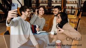  Presentation with college - PPT layouts enhanced with group-of-young-smiling-multinational background and a coral colored foreground