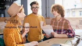  Presentation with group discussion - Audience pleasing slides consisting of group of young specialists in stylish casualwear having discussion of ideas for new creative project at start-up meeting backdrop and a coral colored foreground